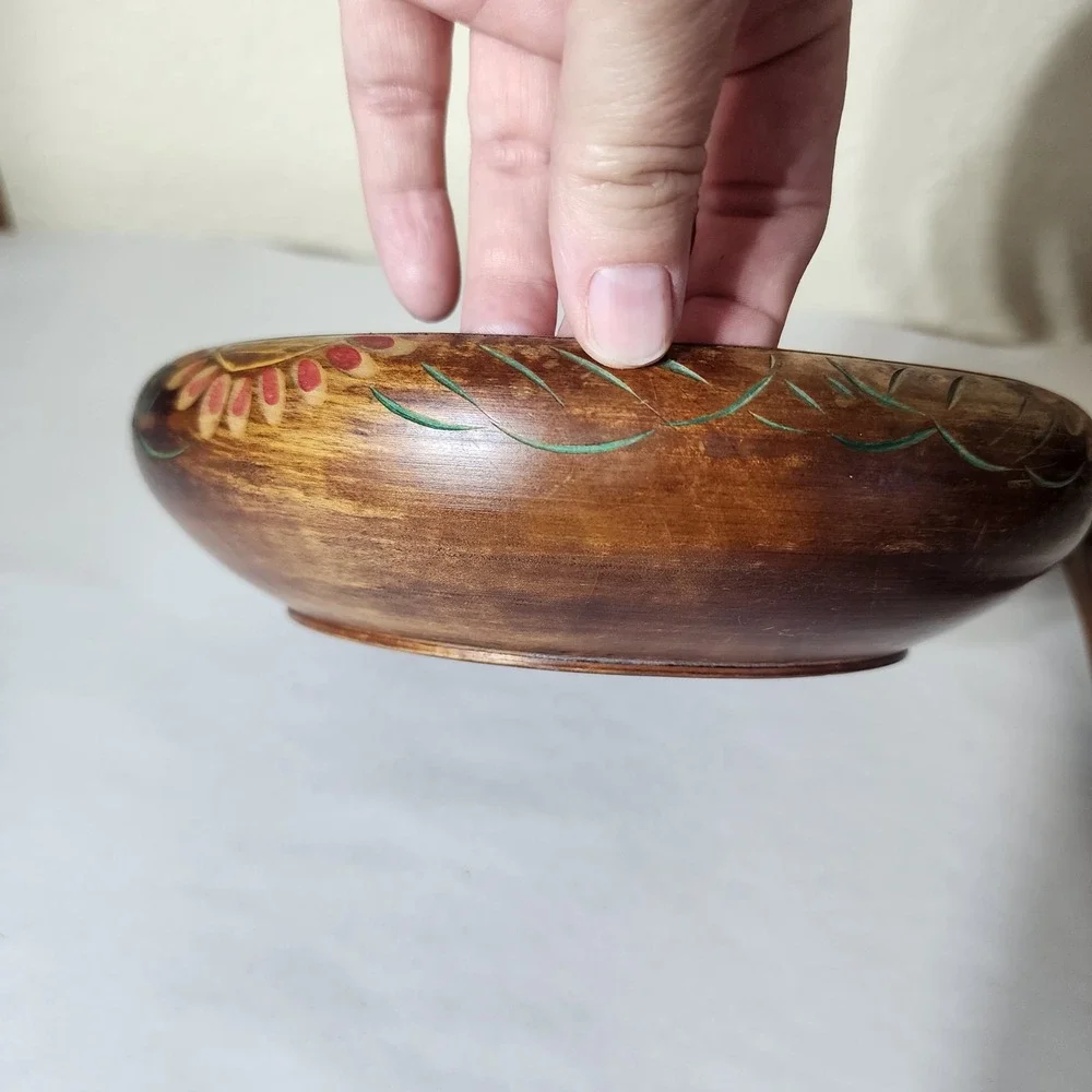 Vintage Hand Carved Wooden Nut Bowl Set with Mallet and Metal Anvil India Floral
